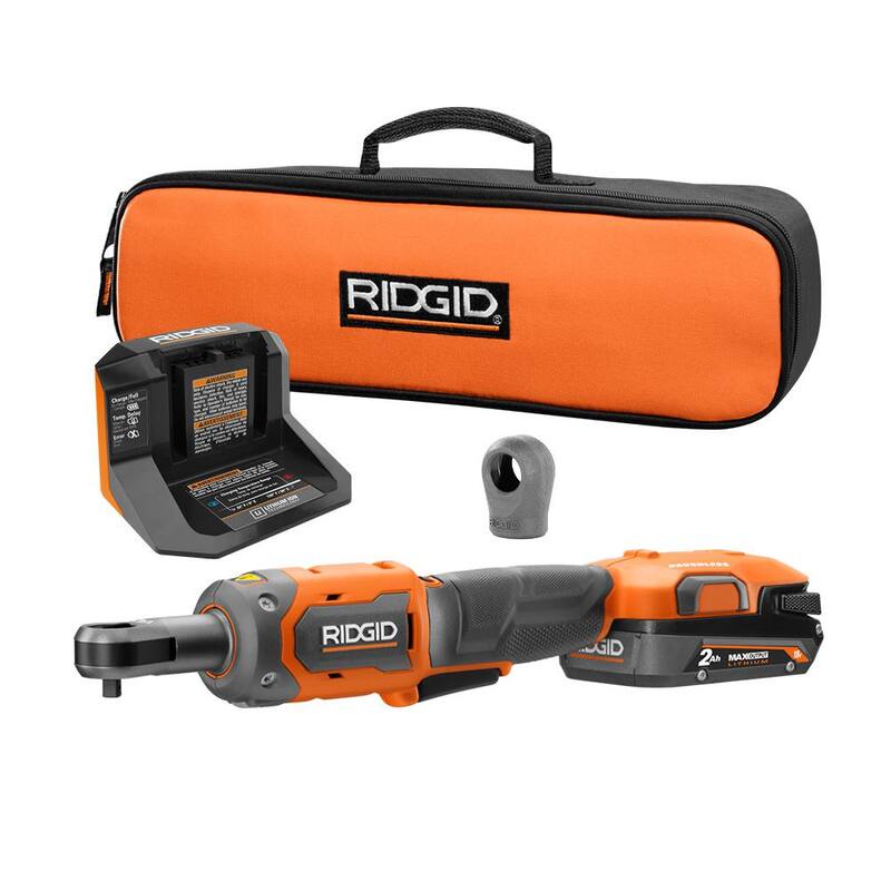 Juego de trinquete inalámbrico RIDGID 18V sin escobillas de 1/4 de pulgada con (1) batería de 2.0 Ah y cargador y cubierta protectora - R866010K-AC13B05N