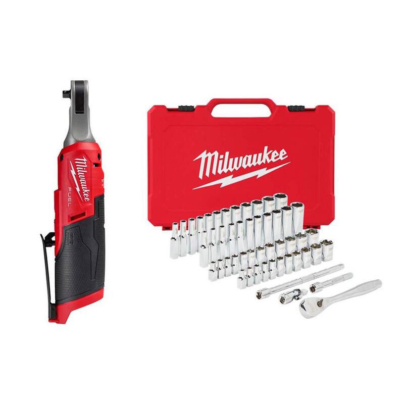 Llave de trinquete inalámbrica de alta velocidad Milwaukee M12 FUEL de 12 voltios de 1/4 pulgada con juego de herramientas métricas/SAE para mecánicos (51 piezas) - 2566-20-48-22-9004