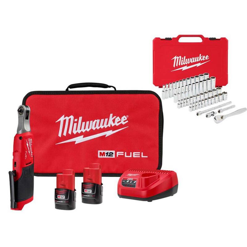 Juego de trinquete inalámbrico de alta velocidad Milwaukee M12 de 12 voltios con batería de iones de litio FUEL de 1/4 de pulgada y set de herramientas métricas y estándar para mecánicos (51 piezas) - 2566-22-48-22-9004