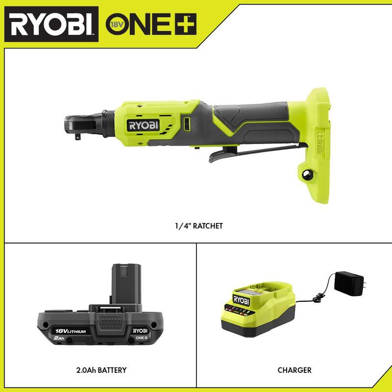 RYOBI ONE+ 18V Llave de trinquete inalámbrica de 1/4 de pulgada con 4 posiciones y batería de 2.0 Ah y cargador - PRC01B-PSK005