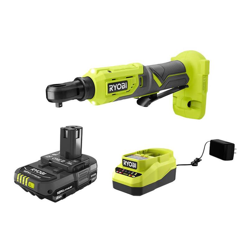 RYOBI ONE+ 18V Llave de trinquete inalámbrica de 1/4 de pulgada con 4 posiciones y batería de 2.0 Ah y cargador - PRC01B-PSK005