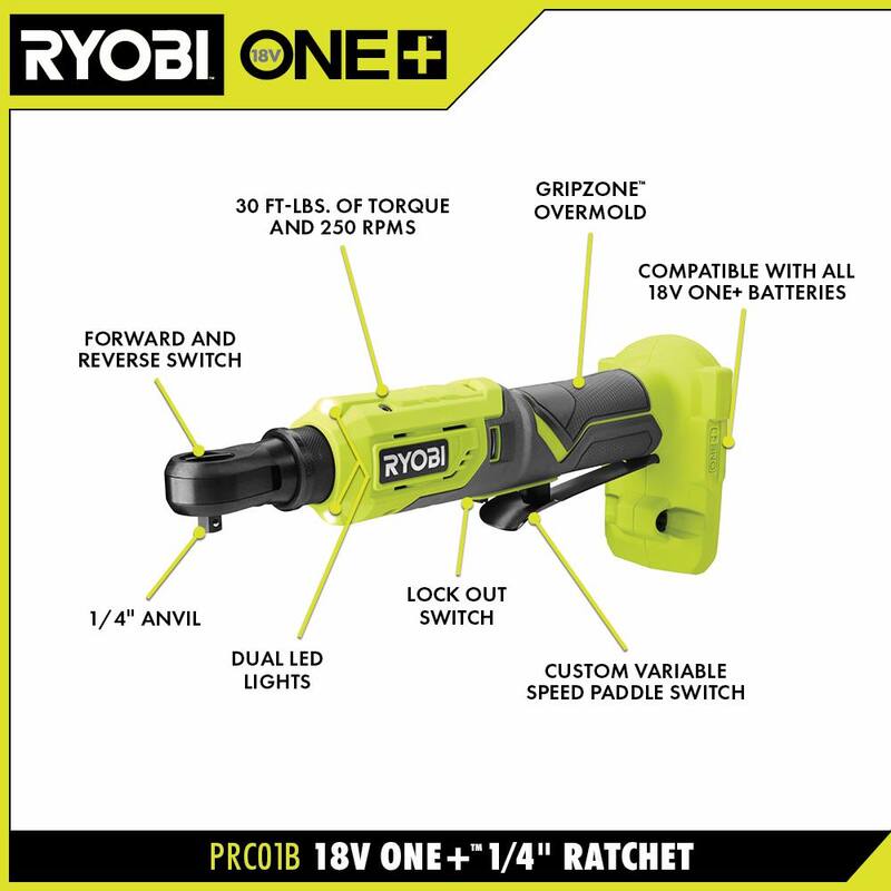 RYOBI ONE+ 18V Llave de trinquete inalámbrica de 1/4 de pulgada con 4 posiciones y batería de 2.0 Ah y cargador - PRC01B-PSK005