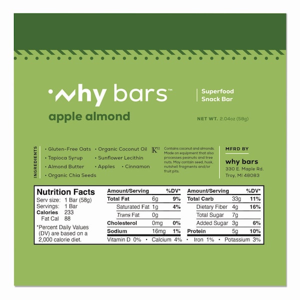 Why Bars Superfood Snack Bar, Apple Almond, 2.04 oz Bar, 12PK - WHY16208