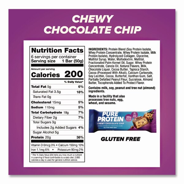 Balance Bar Pure Protein Bar, Chewy Chocolate Chip, 1.76 oz Bar, 6PK - NRN13353