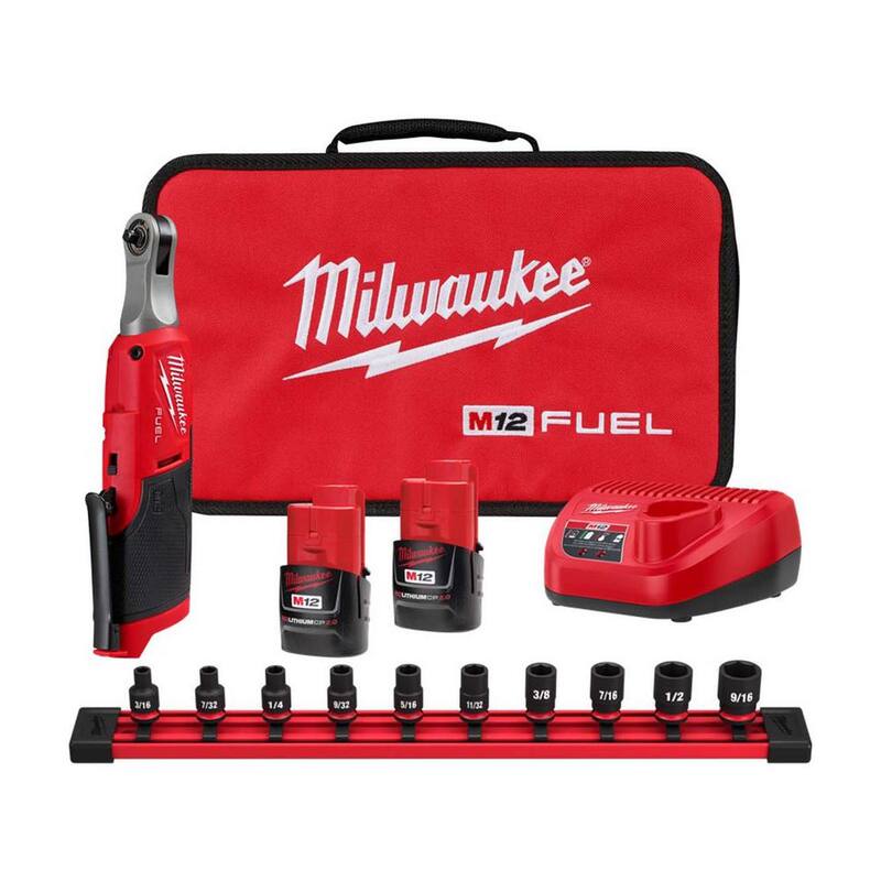 Juego de trinquete inalámbrico sin escobillas Milwaukee M12 FUEL de 12V Li-Ion de alta velocidad con juego de dados SAE, incluye (2) baterías, cargador y set de dados - 2566-22-49-66-7000