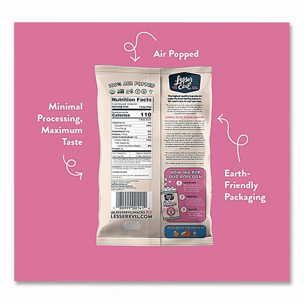 Lesserevil Snack Organic Himalayan Pink Salt Popcorn, 0.88 oz Bag, 18PK - LSN00141