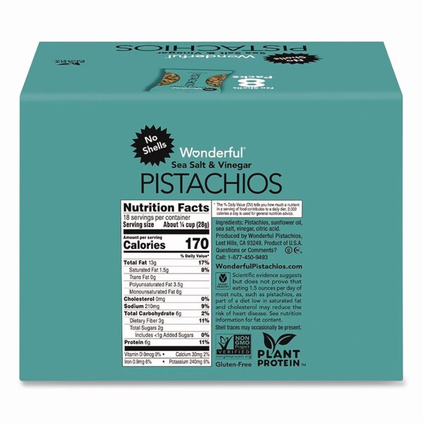 Paramount Farms Wonderful No Shells Pistachios, Sea Salt and Vinegar, 2.25 oz Bag, 8PK - PAR70033