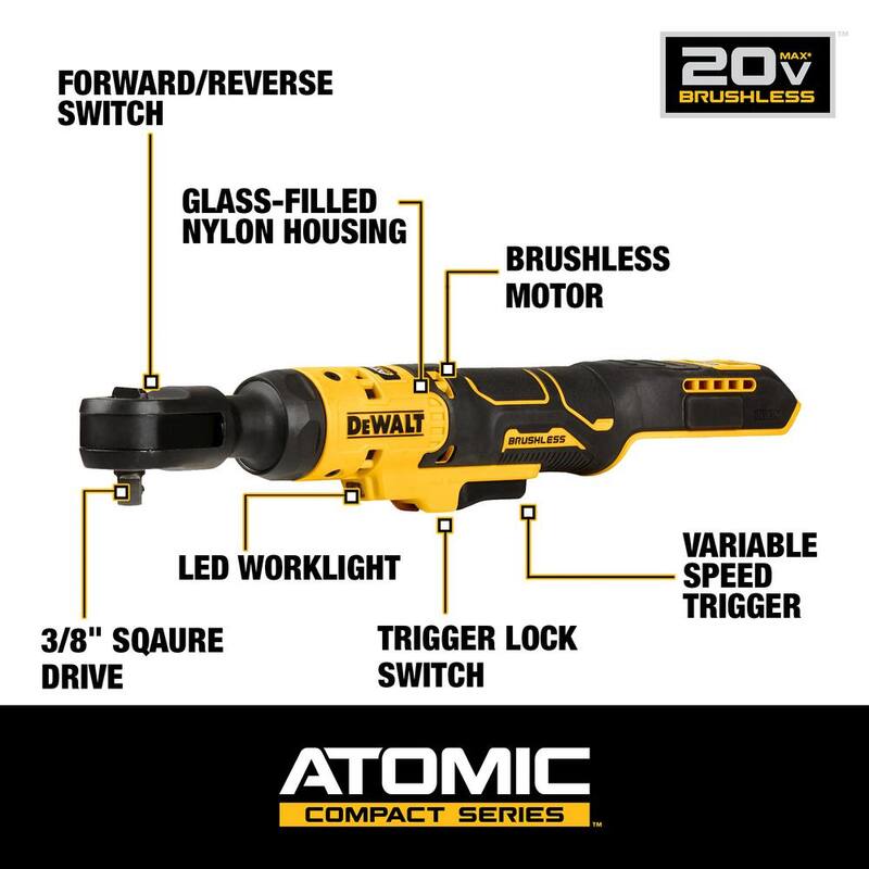 Llave de trinquete inalámbrica DEWALT ATOMIC 20V MAX de 3/8 pulgadas (Herramienta solamente) - DCF513B