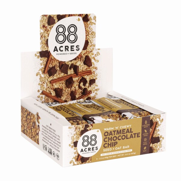 88 Acres Warm N Chewy Gluten-Free Oatmeal/Chocolate Chip Seed and Oat Bar, 1.6 oz Bar, 9PK - ACY11049