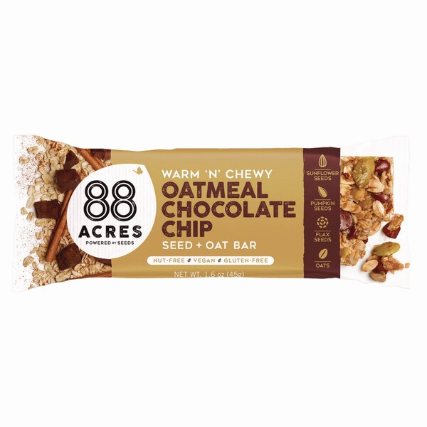 88 Acres Warm N Chewy Gluten-Free Oatmeal/Chocolate Chip Seed and Oat Bar, 1.6 oz Bar, 9PK - ACY11049