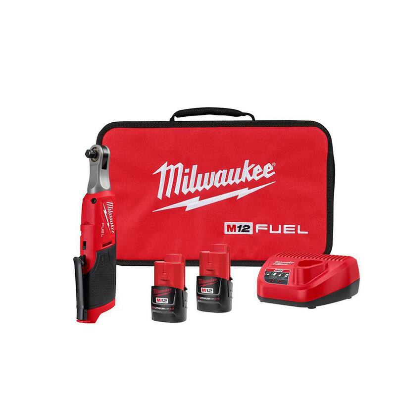 Milwaukee M12 FUEL 12V Lithium-Ion Brushless Cordless High Speed 3/8 in. Ratchet Kit con (2) Baterías, Cargador y Bolsa - 2567-22