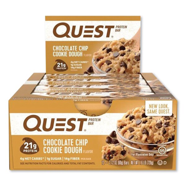Quest Protein Bars, Chocolate Chip Cookie Dough, 2.12 oz Bar, 12PK - QUN00003