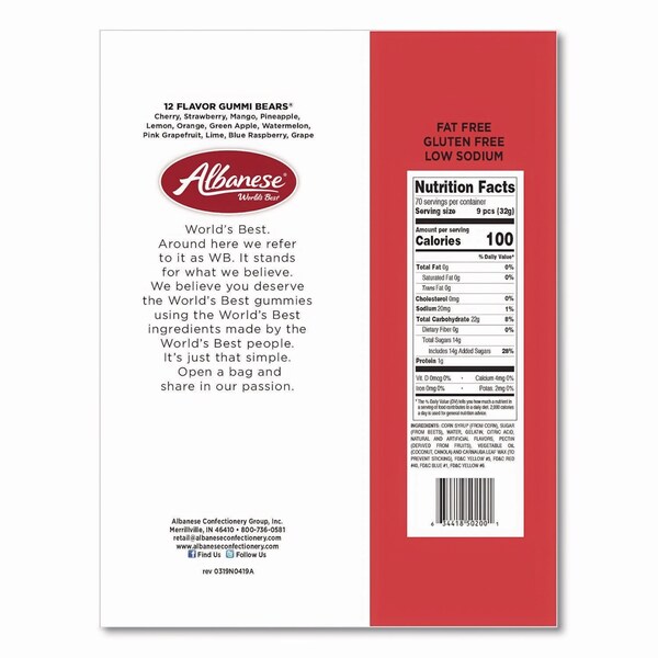 Albanese Worlds Best Gummi Bears, 12 Assorted Fruit Flavors, 5 lb Bag - ACG51200