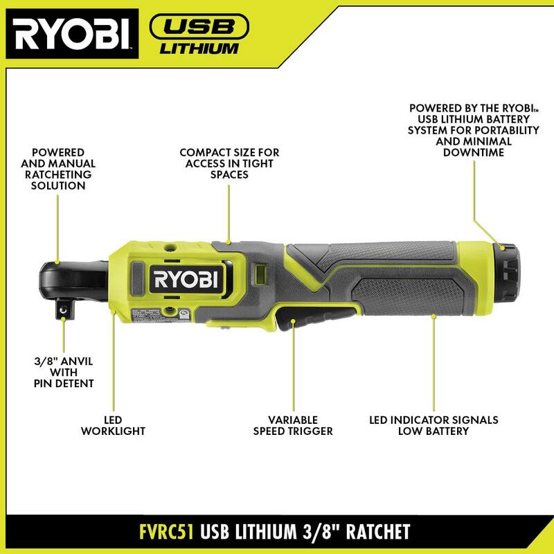 RYOBI Juego de Trinquete USB de Litio de 3/8 pulg. con batería de 2.0 Ah y cable de carga USB - FVRC51K