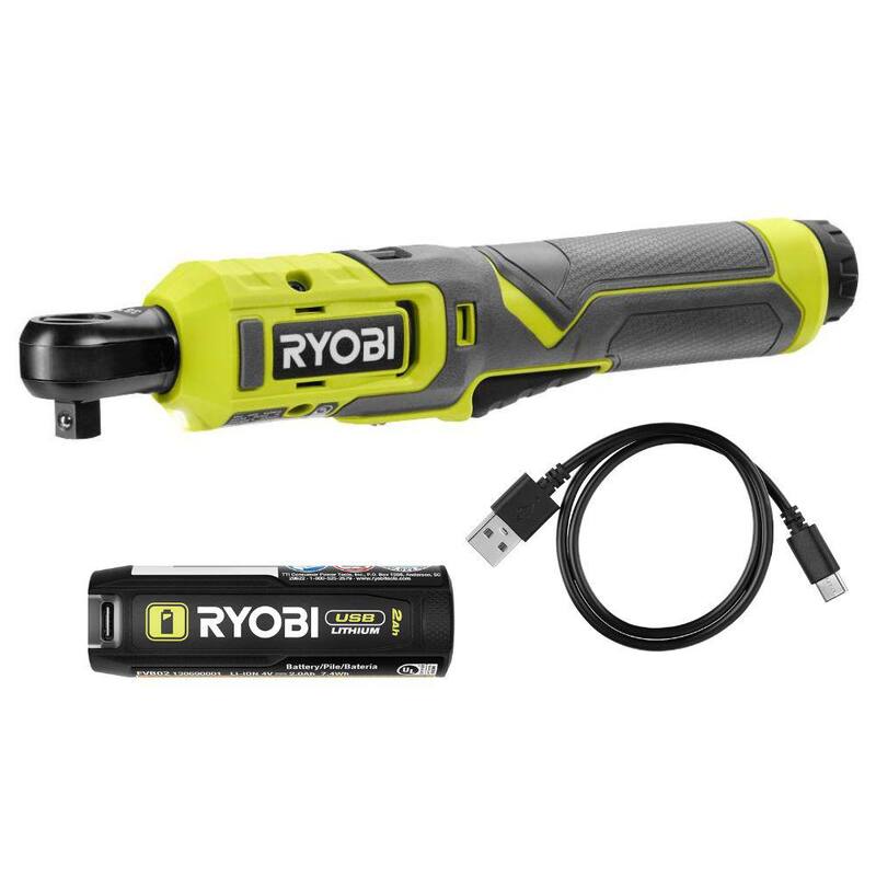 RYOBI Juego de Trinquete USB de Litio de 3/8 pulg. con batería de 2.0 Ah y cable de carga USB - FVRC51K