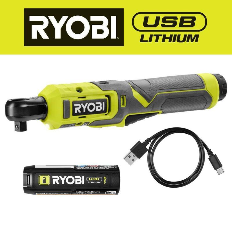 RYOBI Juego de Trinquete USB de Litio de 3/8 pulg. con batería de 2.0 Ah y cable de carga USB - FVRC51K