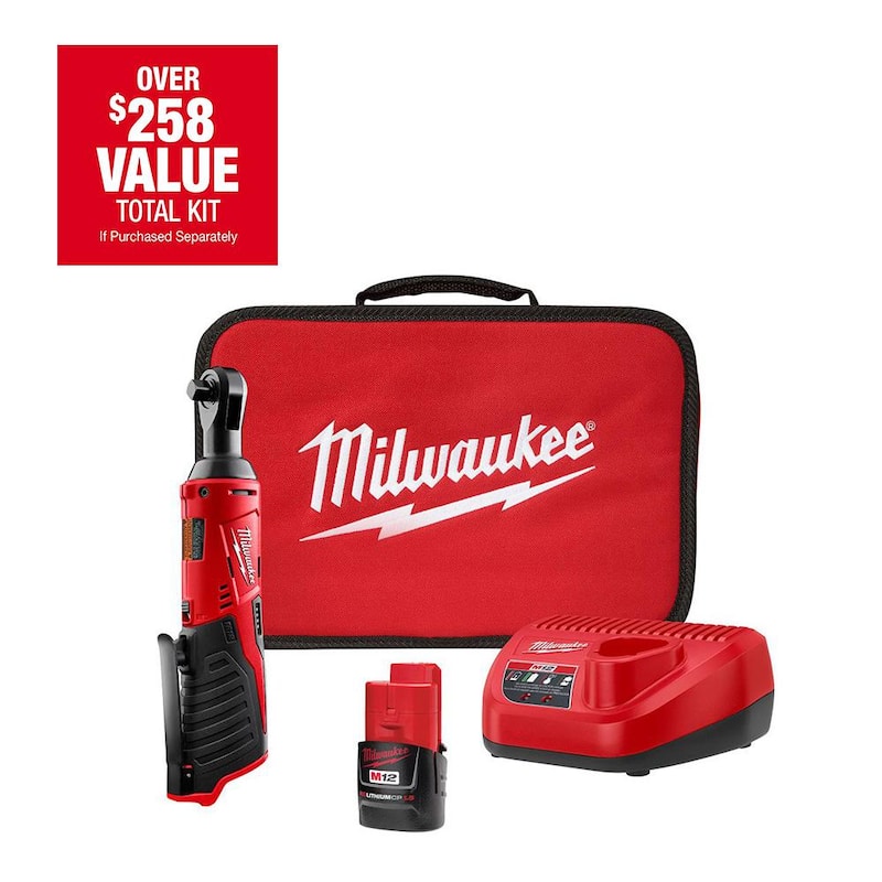 Juego de trinquete inalámbrico Milwaukee M12 de 12V de ion de litio de 3/8 pulgadas con una batería de 1.5 Ah, cargador y bolsa de herramientas - 2457-21