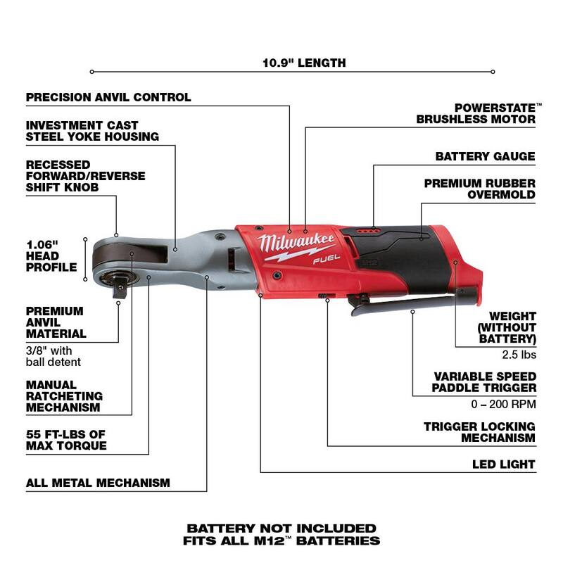 Milwaukee M12 FUEL 12V Lithium-Ion Brushless Cordless 3/8 in. Ratchet (solo herramienta) - 2557-20