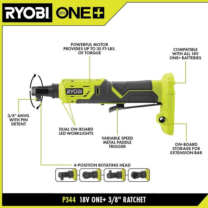 RYOBI ONE+ 18V Inalámbrico 3/8 pulg. Trinquete de 4 posiciones (herramienta única) - P344