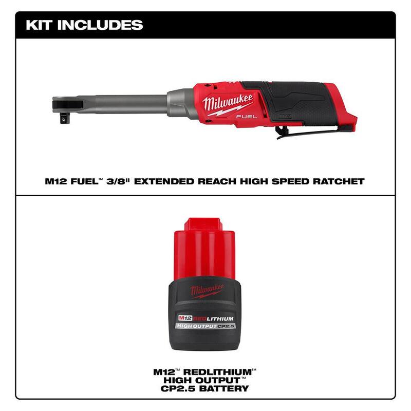 Llave de trinquete inalámbrica sin escobillas de litio de 12V con extensión de alcance extendido Milwaukee M12 FUEL con paquete de batería de alto rendimiento CP 2.5 Ah - 2569-20-48-11-2425