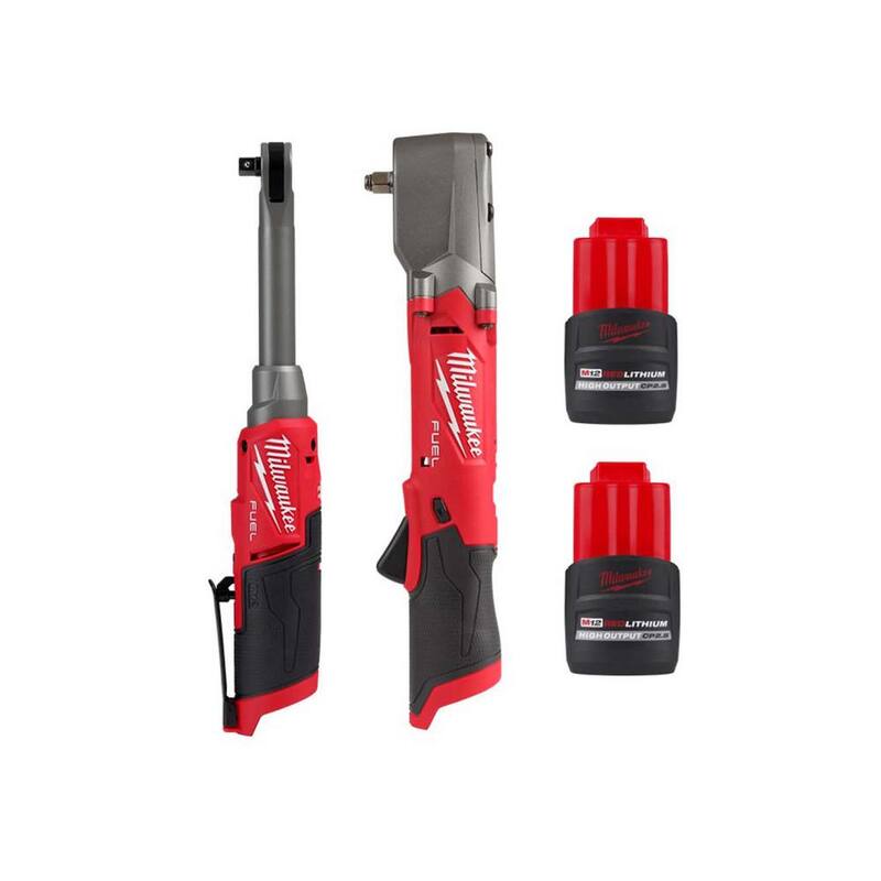 Milwaukee M12 FUEL Llave de trinquete inalámbrica de alta velocidad de alcance extendido de 3/8 pulgadas con llave de impacto en ángulo recto de 3/8 pulgadas y (2) baterías de 2.5 Ah - 2569-20-2564-20-48-11-2425-48-11-2425