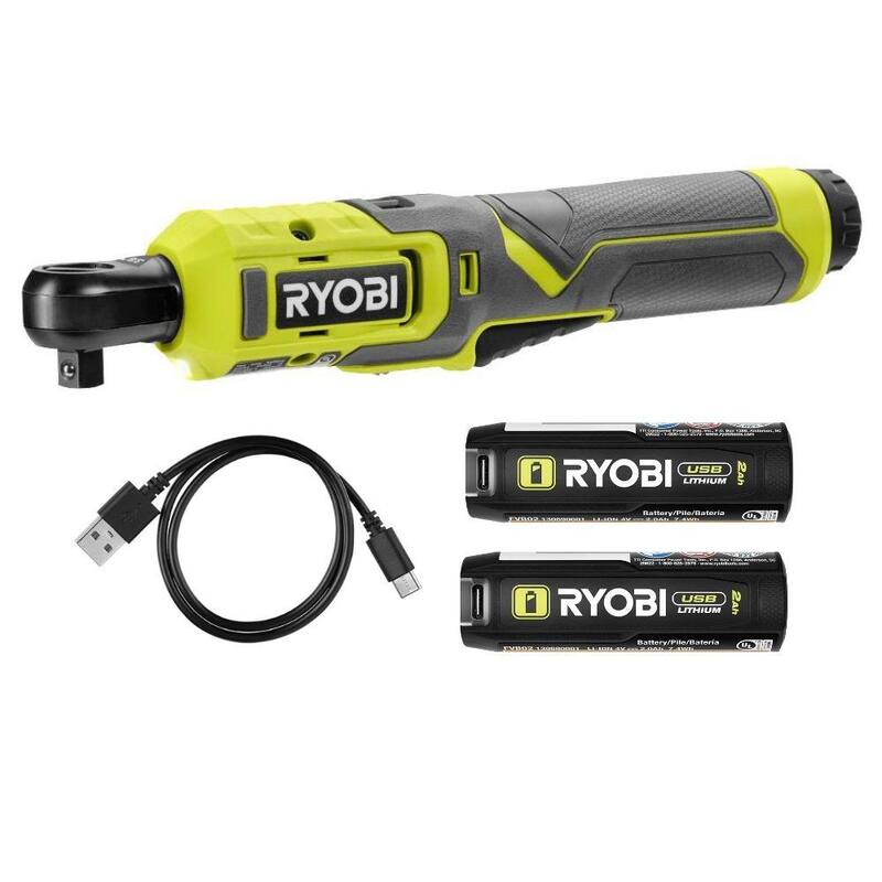 Juego de Llave de Carraca RYOBI USB de 3/8 pulg. con Batería de 2.0 Ah y Cable de Carga USB con Batería de 2.0 Ah de Litio - FVRC51K-FVB02