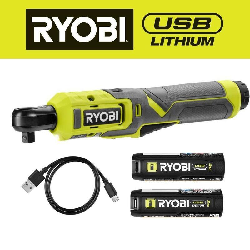 Juego de Llave de Carraca RYOBI USB de 3/8 pulg. con Batería de 2.0 Ah y Cable de Carga USB con Batería de 2.0 Ah de Litio - FVRC51K-FVB02