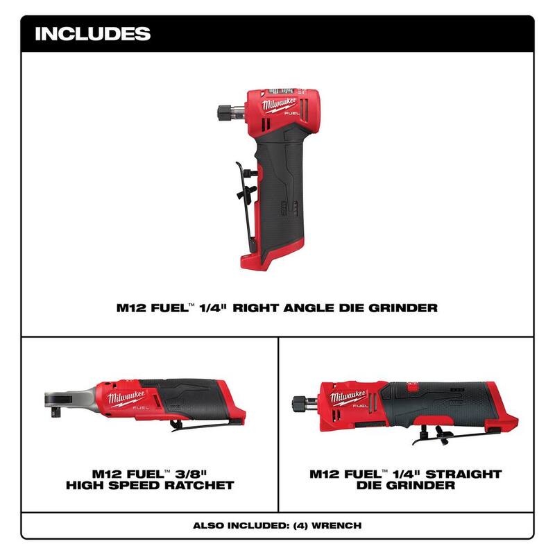 Milwaukee M12 FUEL 12V Lithium-Ion Llave de trinquete de alta velocidad de 3/8 pulg. con (1) Ángulo recto de 1/4 pulgadas y (1) Esmeriladora de troqueles recta de 1/4 pulg. - 2567-20-2485-20-2486-20