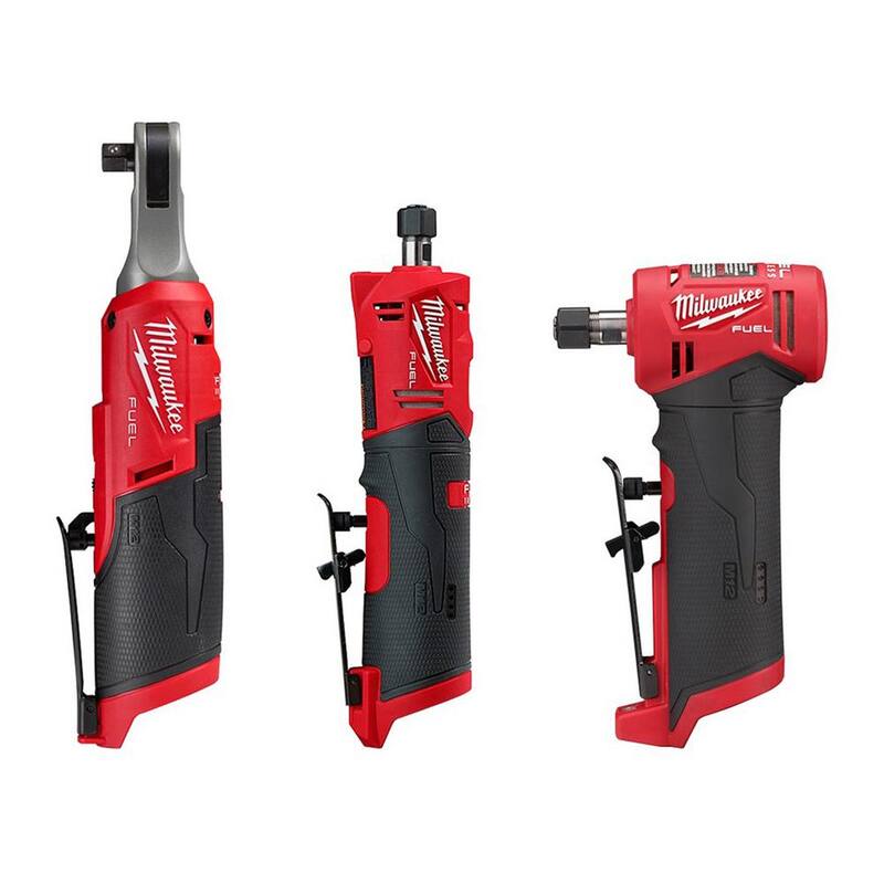 Milwaukee M12 FUEL 12V Lithium-Ion Llave de trinquete de alta velocidad de 3/8 pulg. con (1) Ángulo recto de 1/4 pulgadas y (1) Esmeriladora de troqueles recta de 1/4 pulg. - 2567-20-2485-20-2486-20
