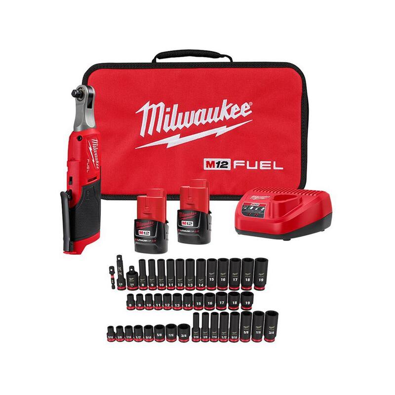 Llave de trinquete inalámbrica de alta velocidad Milwaukee M12 FUEL de 12V con kit de 43 piezas de impacto de 3/8 pulgadas y drive SAE y métrico (2567-22-49-66-7009)