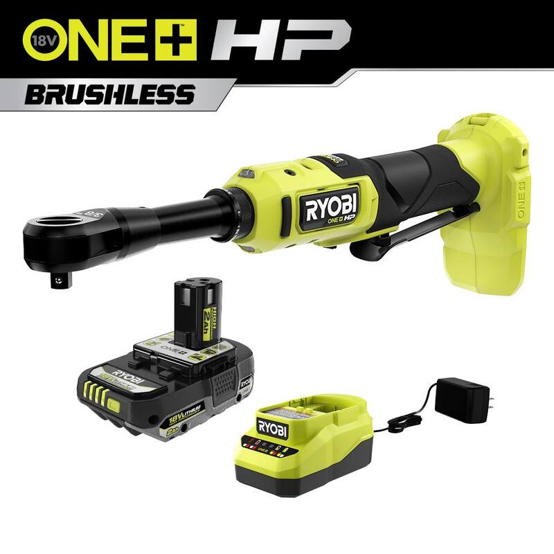 
RYOBI ONE+ 18V Llave de trinquete inalámbrica sin escobillas de 3/8 pulgadas con alcance extendido con (1) batería de 2.0 Ah y cargador - PBLRC25K1
