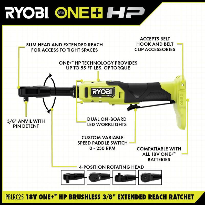 
RYOBI ONE+ 18V Llave de trinquete inalámbrica sin escobillas de 3/8 pulgadas con alcance extendido con (1) batería de 2.0 Ah y cargador - PBLRC25K1