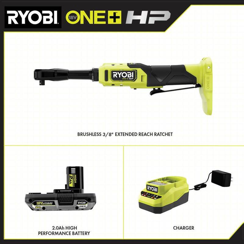 
RYOBI ONE+ 18V Llave de trinquete inalámbrica sin escobillas de 3/8 pulgadas con alcance extendido con (1) batería de 2.0 Ah y cargador - PBLRC25K1
