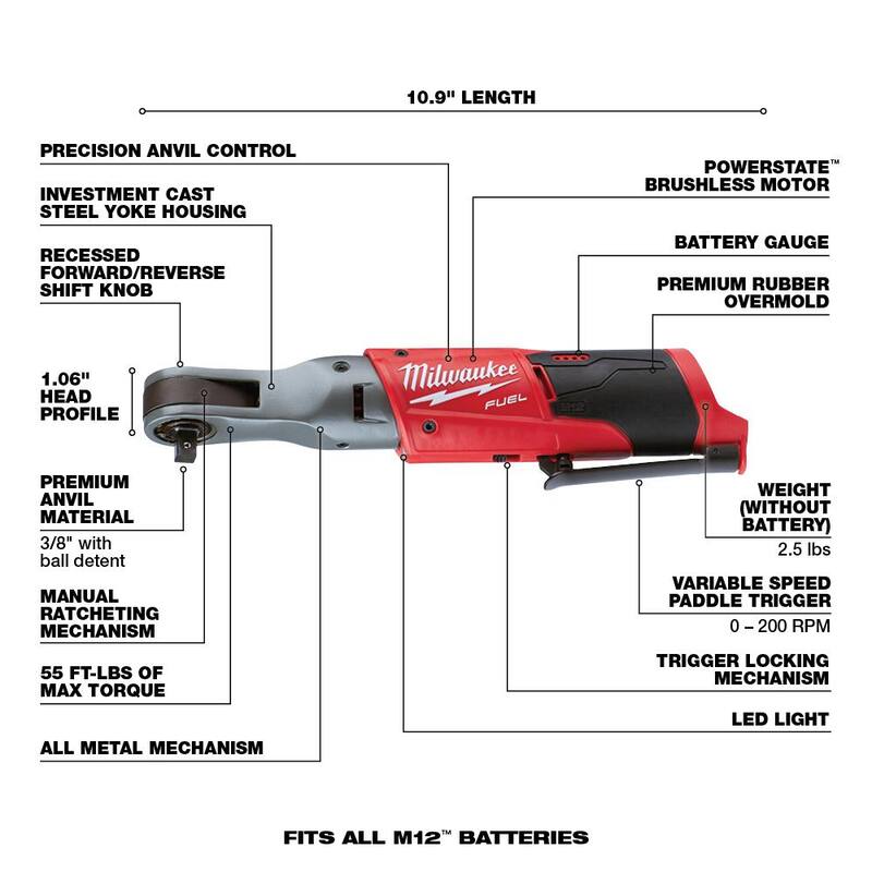 Milwaukee M12 FUEL 12V Lithium-Ion Brushless Cordless 3/8 in. y 1/2 in. Ratchet con Dos Baterías de 3.0 Ah - 2557-20-2558-20-48-11-2412