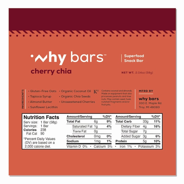 Why Bars Superfood Snack Bar, Cherry Chia, 2.04 oz Bar, 12PK - WHY16205