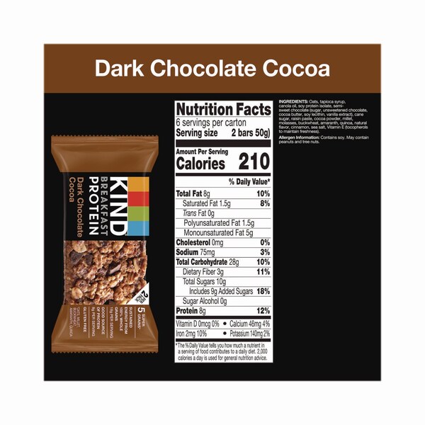 Kind Breakfast Protein Bars, Dark Chocolate Cocoa, 1.76 oz Two-Bar Packs, 6PK - PHW41936