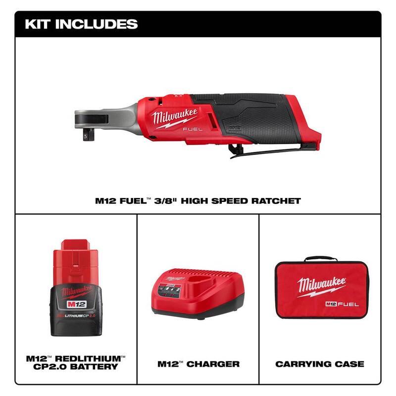 Milwaukee M12 FUEL 12V Lithium-Ion Brushless Cordless High Speed 3/8 in. Ratchet Kit con una Batería, Cargador y Bolsa - 2567-21H