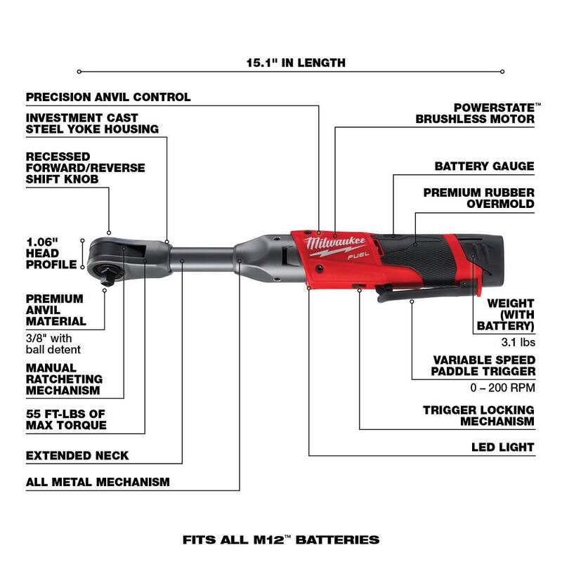 Juego de trinquete extensible inalámbrico sin escobillas de iones de litio Milwaukee M12 FUEL 12V de 3/8 pulg. con batería M12 2.0Ah - 2560-21-48-11-2420