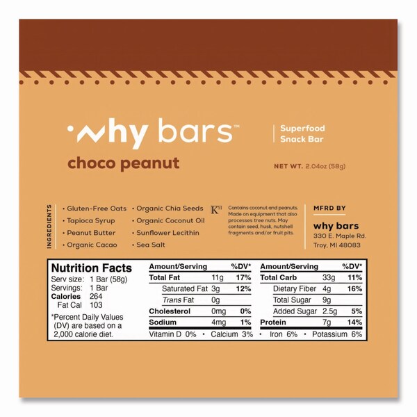 Why Bars Superfood Snack Bar, Choco Peanut, 2.04 oz Bar, 12PK - WHY16204
