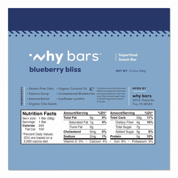 Why Bars Superfood Snack Bar, Blueberry Bliss, 2.04 oz Bar, 12PK - WHY16209