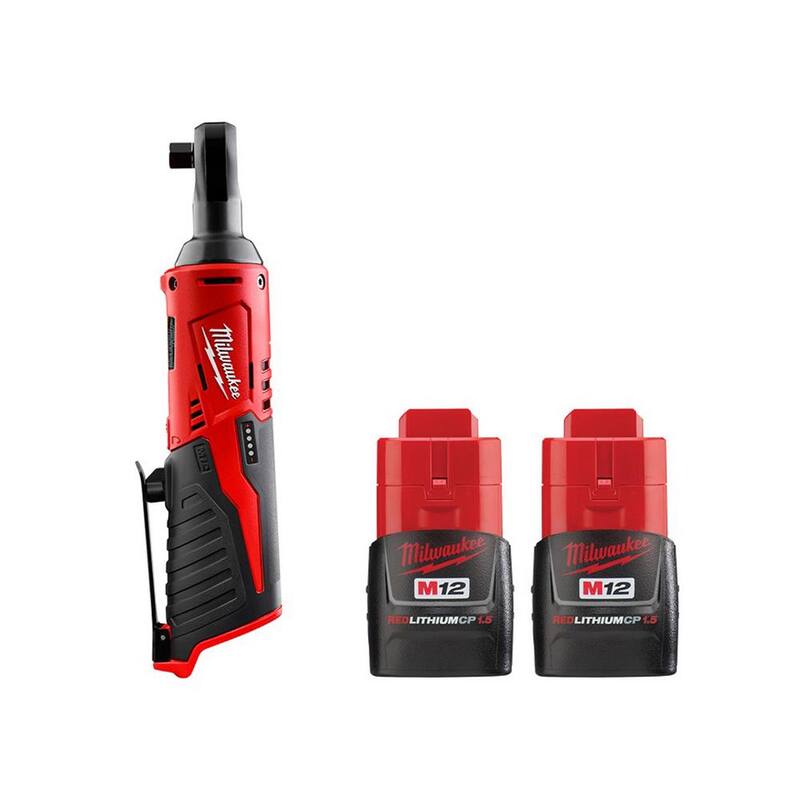 Llave de trinquete inalámbrica de 3/8 pulgadas Milwaukee M12 12V con batería de iones de litio de 1.5 Ah (paquete de 2) - 2457-20-48-11-2411