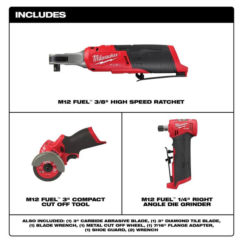 Milwaukee M12 FUEL 12V Lithium-Ion Brushless High Speed 3/8 inalámbrica Ratchet w / M12 FUEL 3 in. Cutoff Saw & 1/4 in. Die Grinder - 2567-20-2522-20-2485-20