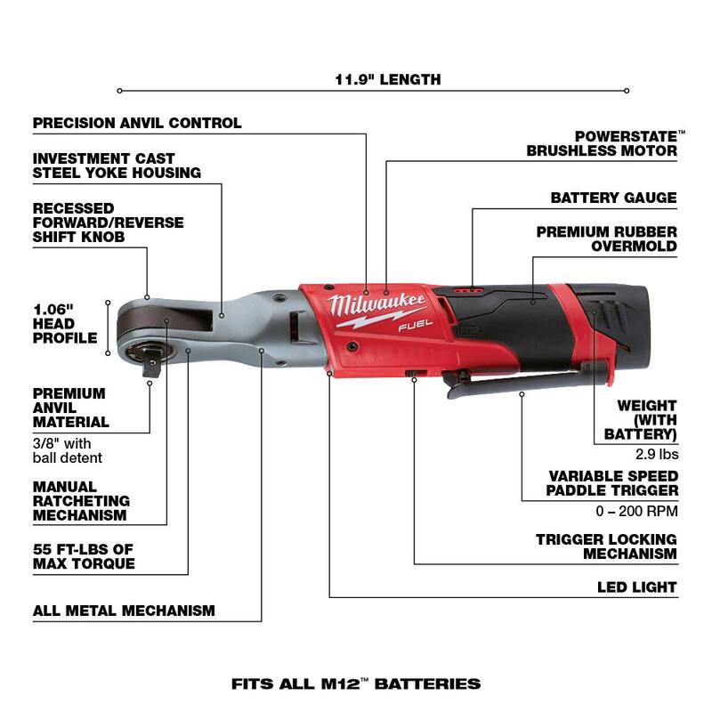 Milwaukee M12 FUEL 12V Llave de trinquete inalámbrica sin escobillas de ion de litio de 3/8 pulg. con batería M12 2.0Ah - 2557-20-48-11-2420