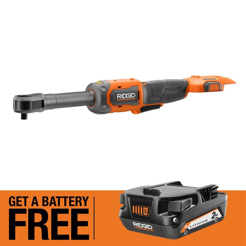 Llave de trinquete extendido inalámbrico sin escobillas de 3/8 pulg. RIDGID 18V con batería de iones de litio de 2.0 Ah GRATIS - R866021B-AC8400802