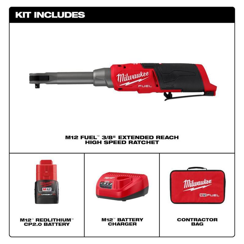 Milwaukee M12 FUEL 12V Li-Ion Brushless 3/8 in. Ratchet inalámbrico de alta velocidad de alcance extendido con kit de cargador con batería de 5.0 Ah - 2569-21-48-11-2450