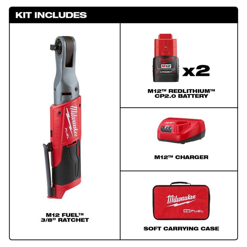 Juego de trinquete inalámbrico Milwaukee M12 FUEL 12V Li-Ion sin escobillas de 3/8 pulgadas con (2) baterías de 2.0Ah, cargador y bolsa de herramientas y batería de 5.0 Ah - 2557-22-48-11-2450