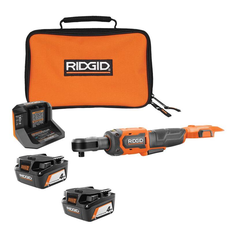 Ratchet inalámbrico sin escobillas de 3/8 pulg. RIDGID 18V con (2) baterías de 4.0 Ah, cargador y bolsa - R866011B-AC93044SBN