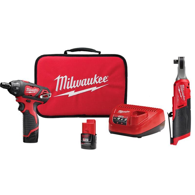 Juego de trinquete de alta velocidad inalámbrico de 3/8 pulg. y destornillador de 1/4 pulg. con batería de iones de litio de 12V Milwaukee M12 FUEL (2 herramientas) - 2567-20-2401-22