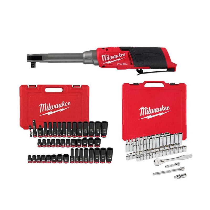 Llave de trinquete inalámbrica extendida Milwaukee M12 FUEL de 12 voltios de 3/8 pulgadas con juego de llaves de dados para mecánicos e impacto (100 piezas) - 2569-20-48-22-9008-49-66-7009