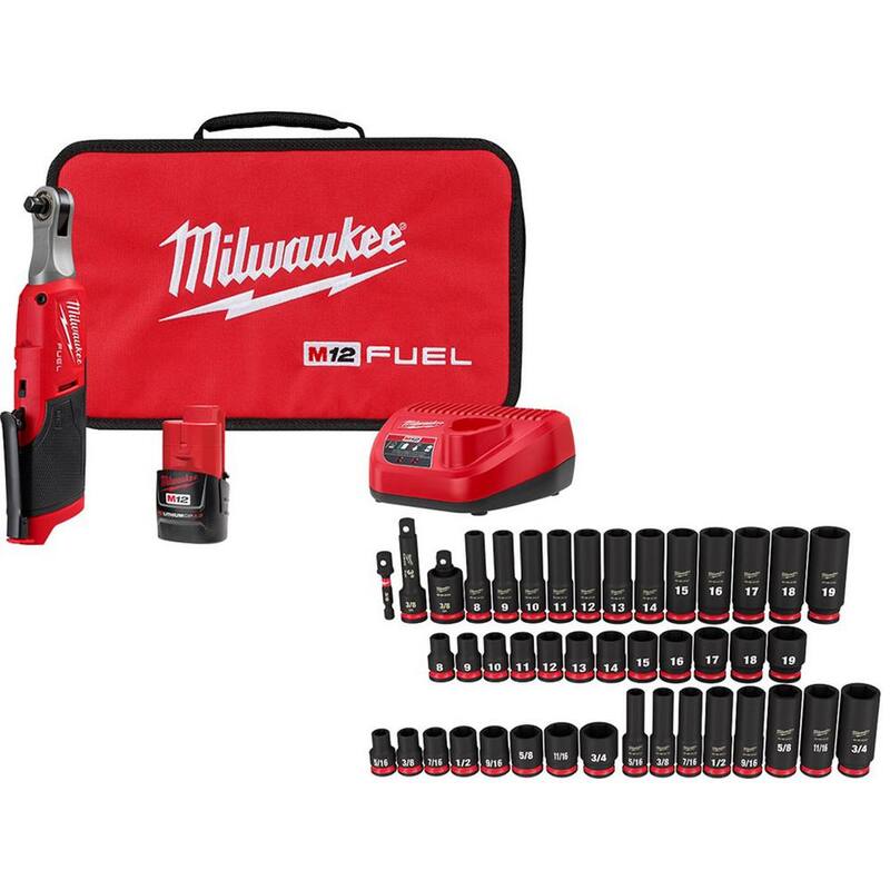 Kit de trinquete inalámbrico Milwaukee M12 FUEL 12V de iones de litio sin escobillas de 3/8 pulg. con juego de dados de impacto SAE/Métrico de 3/8 pulg. (43 piezas) - 2567-21H-49-66-7009